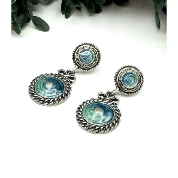 Vintage-Inspired Silver Drop Earrings With Blue Enamel Swirl Accents - Picture 1 of 7